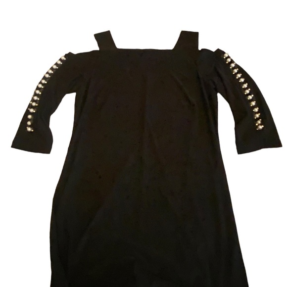 Black cold shoulder Cocktail dress with pearl & rhinestone sleeves S. Levine Med - Picture 1 of 16